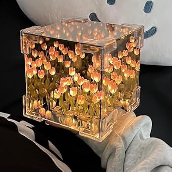 BharatTech Cube Tulip Lamp – LED Mirror Light with Artificial Flower Design, Decorative Night Lamp & Perfect Gift
