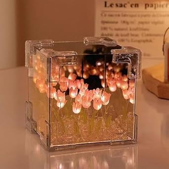 BharatTech Cube Tulip Lamp – LED Mirror Light with Artificial Flower Design, Decorative Night Lamp & Perfect Gift