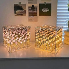 BharatTech Cube Tulip Lamp – LED Mirror Light with Artificial Flower Design, Decorative Night Lamp & Perfect Gift