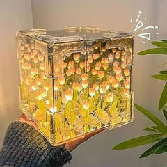 BharatTech Cube Tulip Lamp – LED Mirror Light with Artificial Flower Design, Decorative Night Lamp & Perfect Gift