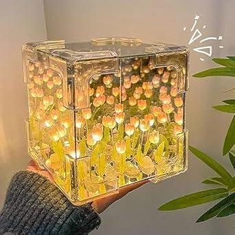 BharatTech Cube Tulip Lamp – LED Mirror Light with Artificial Flower Design, Decorative Night Lamp & Perfect Gift