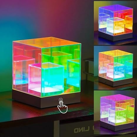 Bharattech 3D Infinity Cube Acrylic RGB Lamp | USB Rechargeable LED Night Light | 3 Lighting Modes | Stepless Dimming Touch Control | Multicolor Decorative Lamp (10 cm)