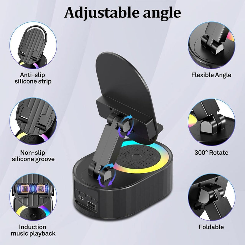 5-in-1 Wireless Induction Bluetooth Speaker with Phone Holder & Ambient Light