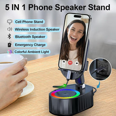 5-in-1 Wireless Induction Bluetooth Speaker with Phone Holder & Ambient Light